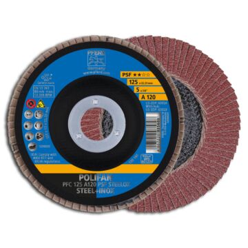 PFERD POLIFAN FÄCHERSCHLEIFSCHEIBE GEWÖLBT PFC 125MM A 120 PSF - (STAHL/INOX/KUNSTSTOFF), PFERD TOOLS