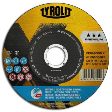 TYROLIT Trennscheibe CERABOND X 115 x 1,6 mm, gerade, Stahl+Inox